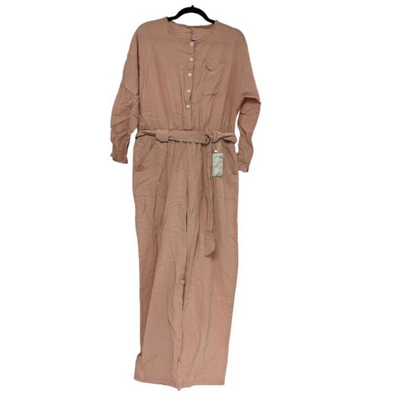 Suvimuga Womens Button Up Long Sleeves Belted Peach Long Dress Size XL - Picture 1 of 3